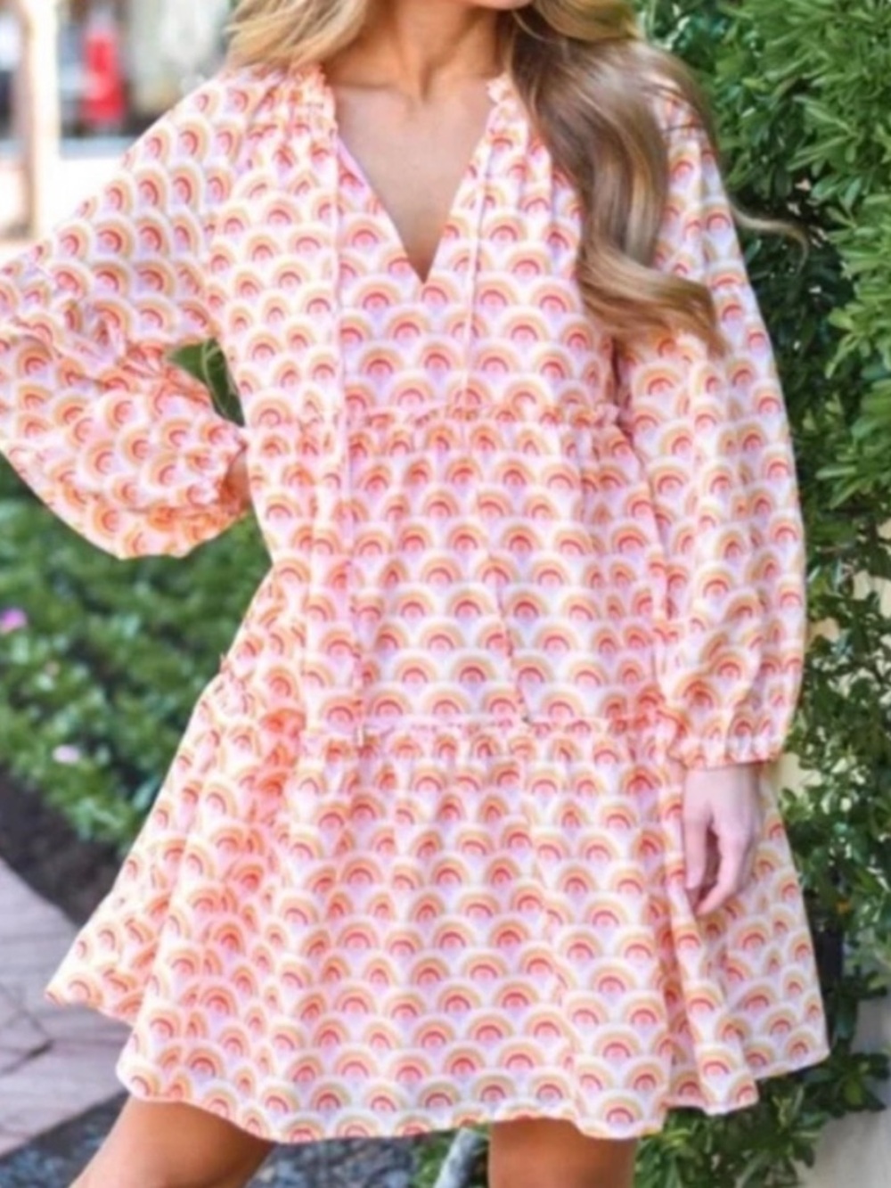 J. Marie NEW The Summer Tiered Dress Apricot White Blush Rainbows Print Womens S